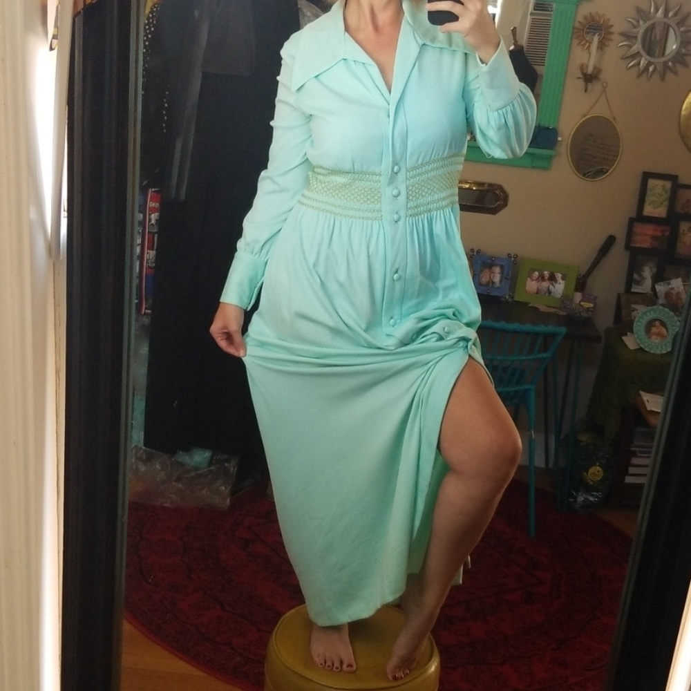 VTG Lillie Rubin Mint Green 70s Boho Maxi Dress - Picture 3 of 8